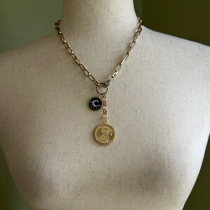 Lucky 8 and Moon Charms Chain Necklace. Gold,enamel,silver, rhinestone. Like new
